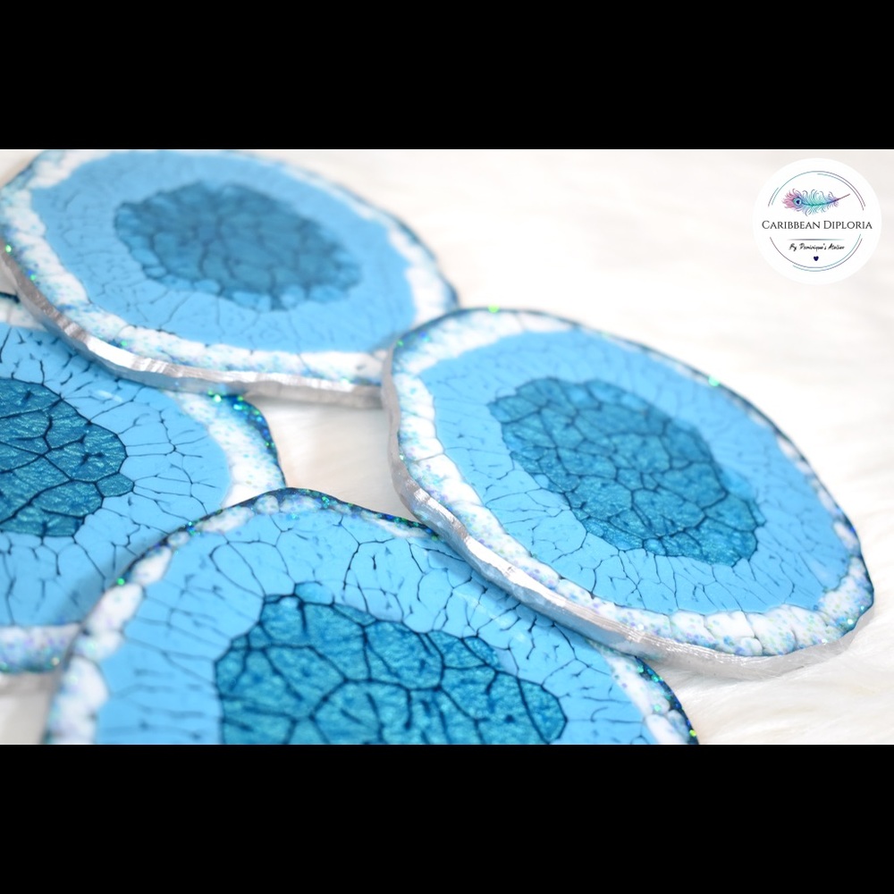 Okinawa blue, white & silver coasters (set of 4)